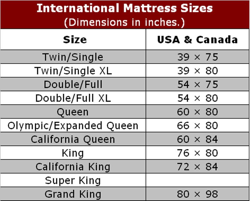 mattress size chart images