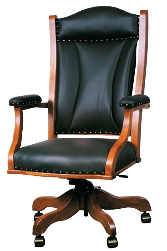 Office Desk Chair with padded arms in solid hardwood and leather or